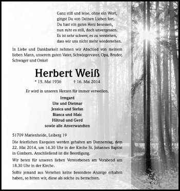 Anzeige von Herbert Weiß von Kölner Stadt-Anzeiger / Kölnische Rundschau / Express