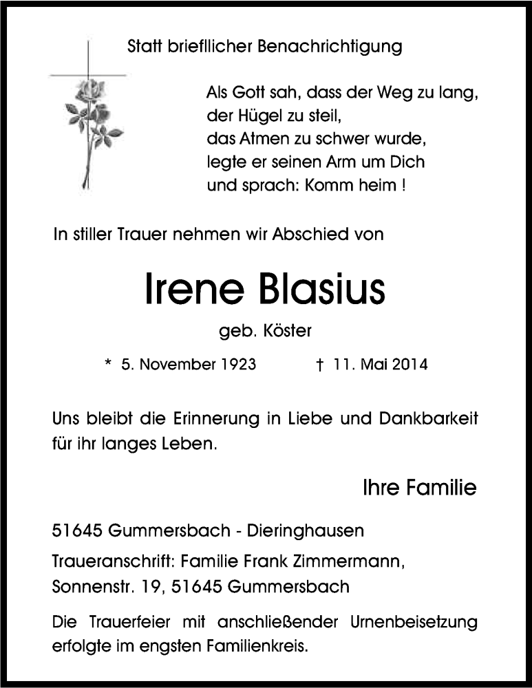  Traueranzeige für Irene Blasius vom 19.05.2014 aus Kölner Stadt-Anzeiger / Kölnische Rundschau / Express