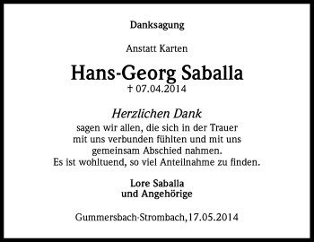 Anzeige von Hans-Georg Saballa von Kölner Stadt-Anzeiger / Kölnische Rundschau / Express