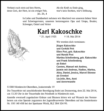 Anzeige von Karl Kakoschke von Kölner Stadt-Anzeiger / Kölnische Rundschau / Express