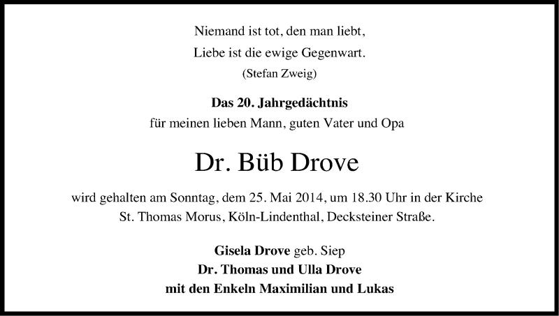  Traueranzeige für Büb Drove vom 24.05.2014 aus Kölner Stadt-Anzeiger / Kölnische Rundschau / Express