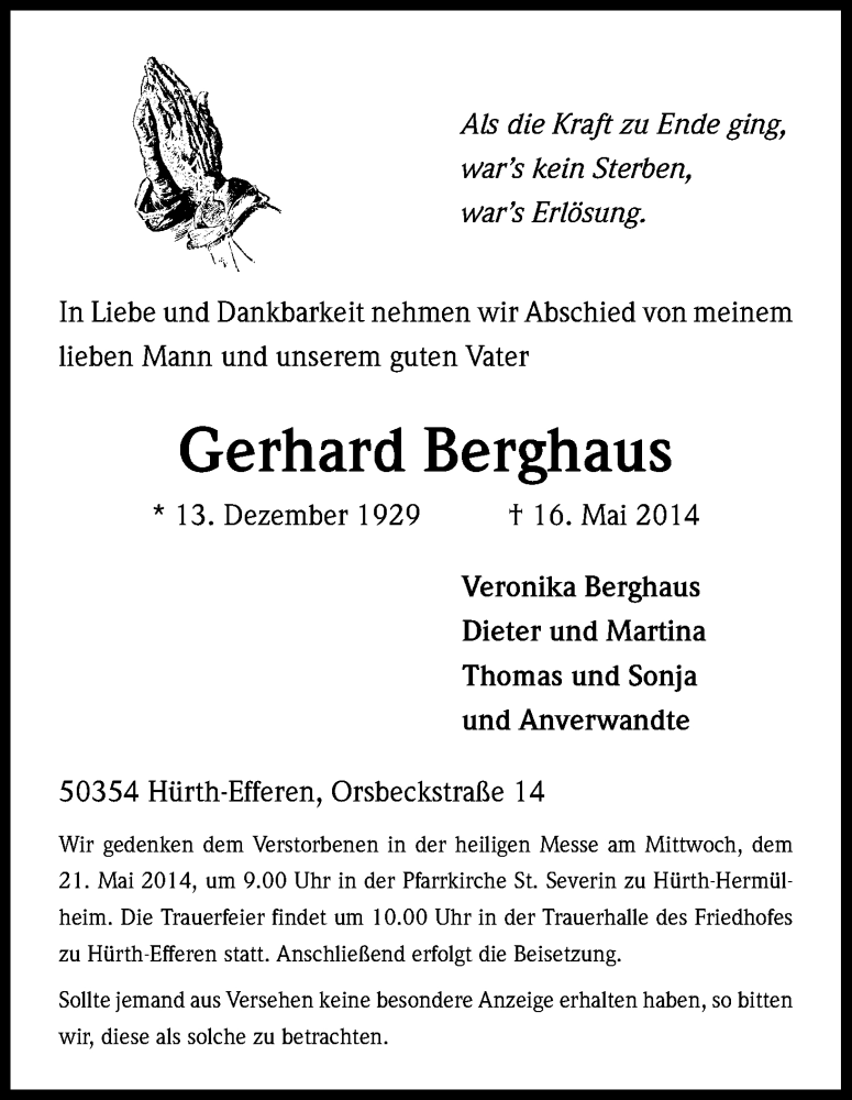  Traueranzeige für Gerhard Berghaus vom 20.05.2014 aus Kölner Stadt-Anzeiger / Kölnische Rundschau / Express