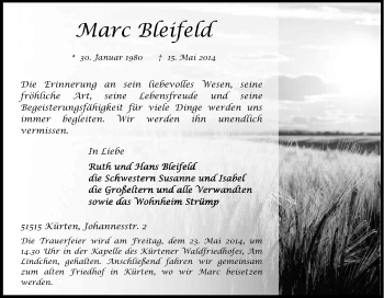 Anzeige von Marc Bleifeld von Kölner Stadt-Anzeiger / Kölnische Rundschau / Express