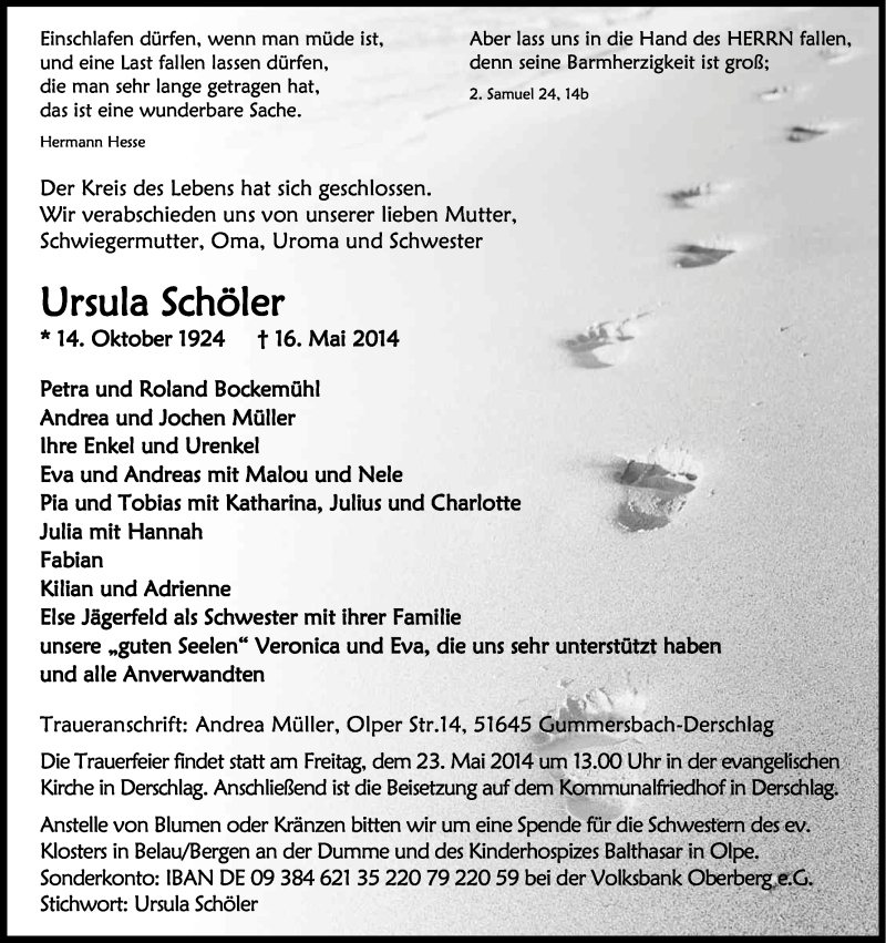  Traueranzeige für Ursula Schöler vom 20.05.2014 aus Kölner Stadt-Anzeiger / Kölnische Rundschau / Express