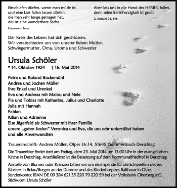 Anzeige von Ursula Schöler von Kölner Stadt-Anzeiger / Kölnische Rundschau / Express