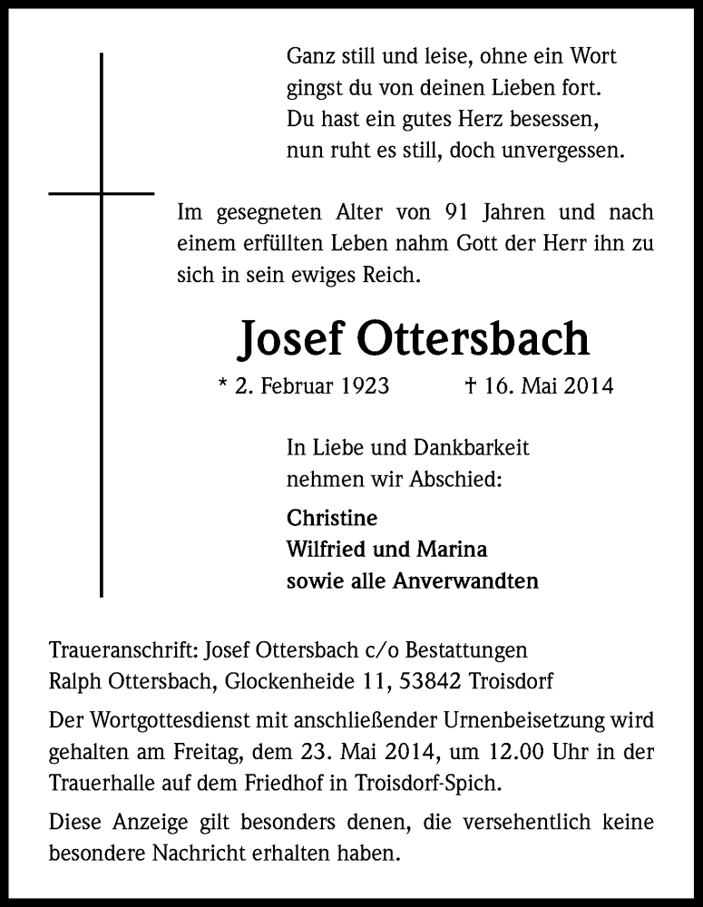  Traueranzeige für Josef Ottersbach vom 20.05.2014 aus Kölner Stadt-Anzeiger / Kölnische Rundschau / Express