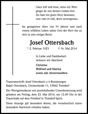 Anzeige von Josef Ottersbach von Kölner Stadt-Anzeiger / Kölnische Rundschau / Express