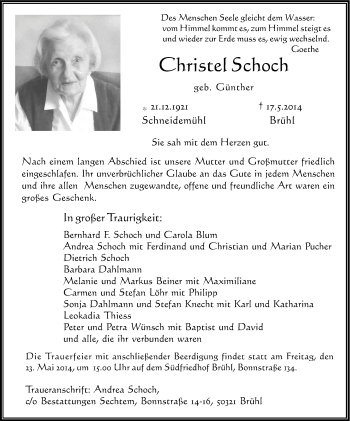 Anzeige von Christel Schoch von Kölner Stadt-Anzeiger / Kölnische Rundschau / Express