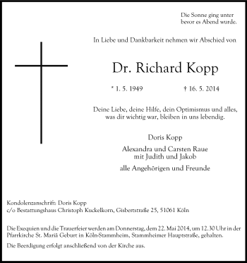 Anzeige von Richard Kopp von Kölner Stadt-Anzeiger / Kölnische Rundschau / Express