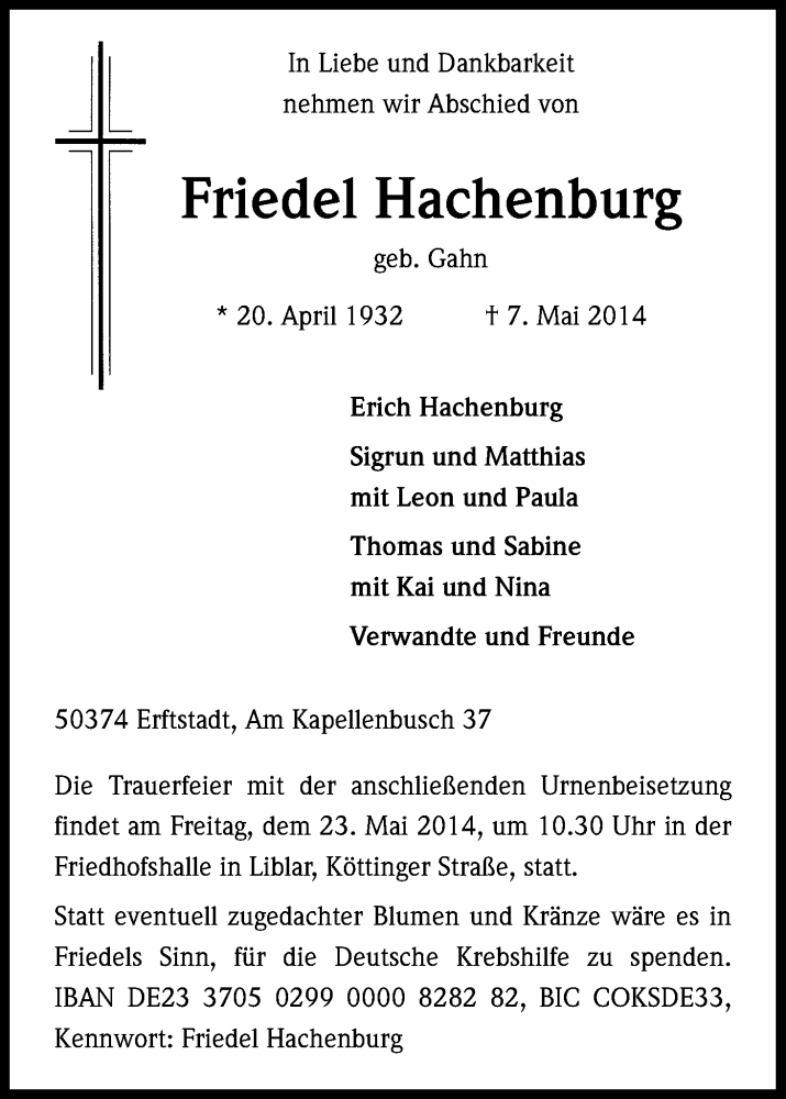  Traueranzeige für Friedel Hachenburg vom 20.05.2014 aus Kölner Stadt-Anzeiger / Kölnische Rundschau / Express