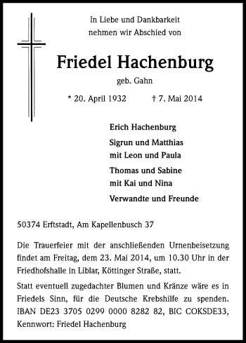 Anzeige von Friedel Hachenburg von Kölner Stadt-Anzeiger / Kölnische Rundschau / Express
