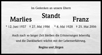 Anzeige von Marlies Standt von Kölner Stadt-Anzeiger / Kölnische Rundschau / Express