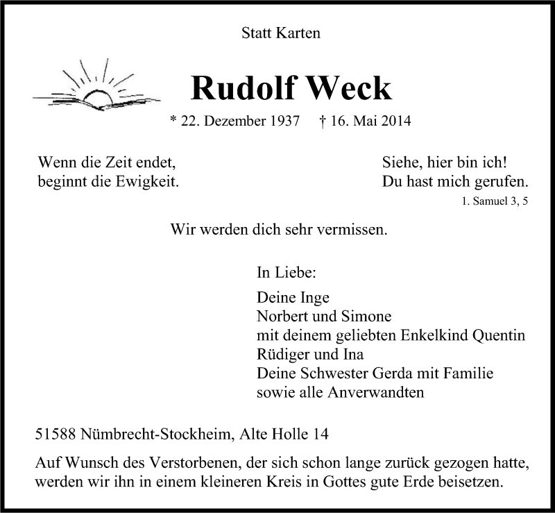  Traueranzeige für Rudolf Weck vom 20.05.2014 aus Kölner Stadt-Anzeiger / Kölnische Rundschau / Express