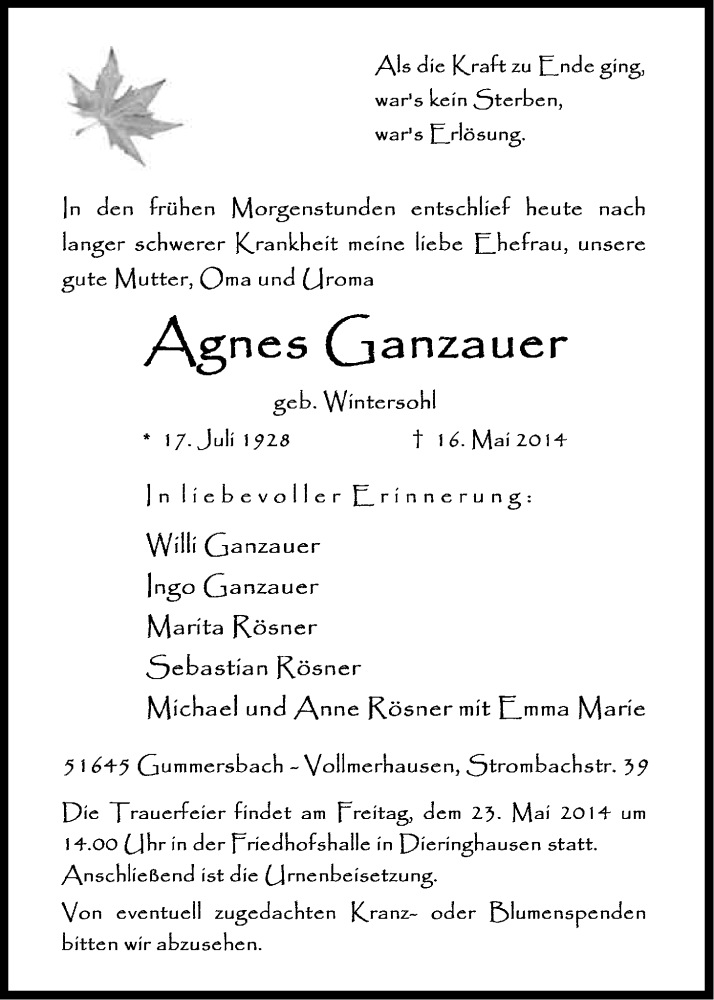  Traueranzeige für Agnes Ganzauer vom 20.05.2014 aus Kölner Stadt-Anzeiger / Kölnische Rundschau / Express