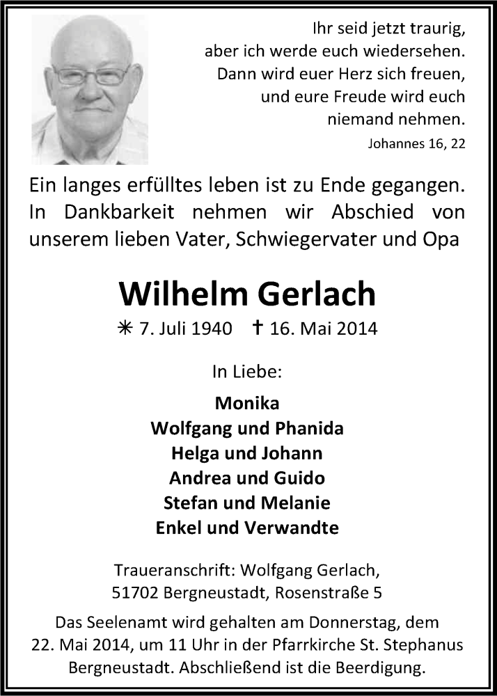  Traueranzeige für Wilhelm Gerlach vom 20.05.2014 aus Kölner Stadt-Anzeiger / Kölnische Rundschau / Express
