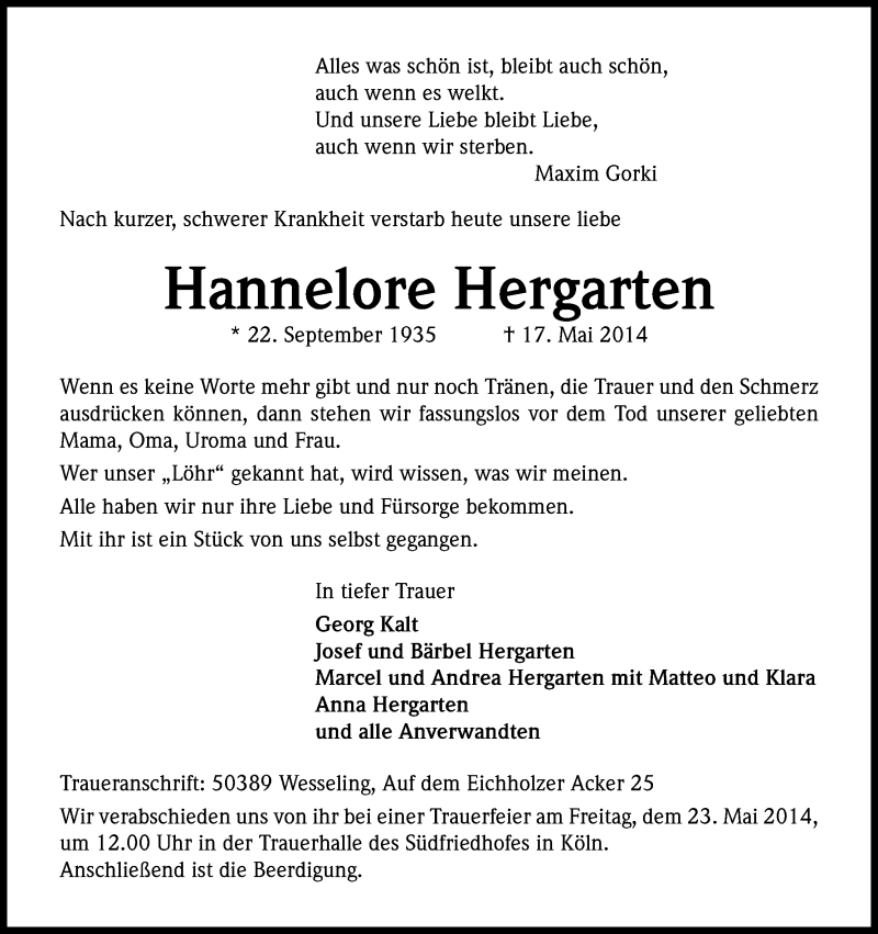  Traueranzeige für Hannelore Hergarten vom 21.05.2014 aus Kölner Stadt-Anzeiger / Kölnische Rundschau / Express