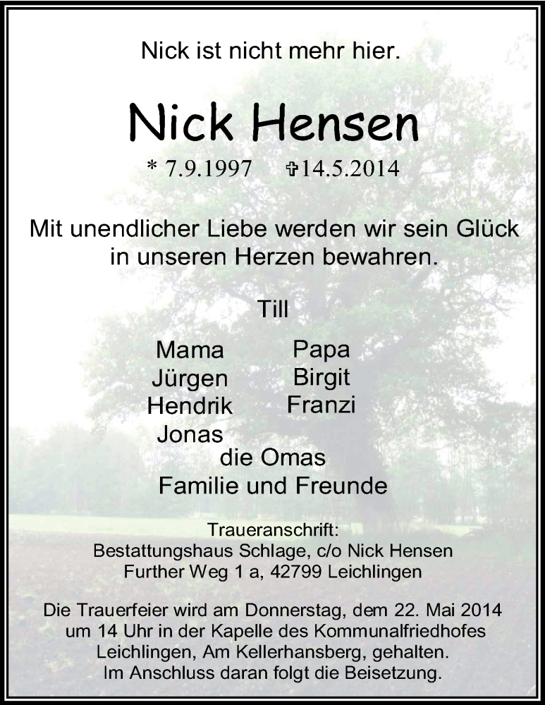  Traueranzeige für Nick Hensen vom 20.05.2014 aus Kölner Stadt-Anzeiger / Kölnische Rundschau / Express