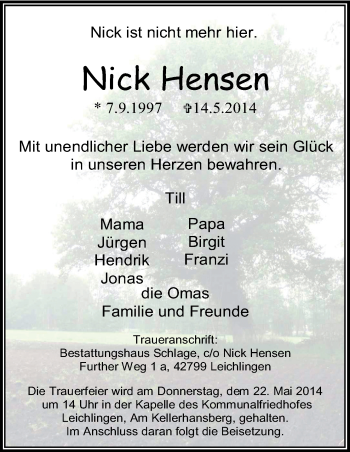Anzeige von Nick Hensen von Kölner Stadt-Anzeiger / Kölnische Rundschau / Express