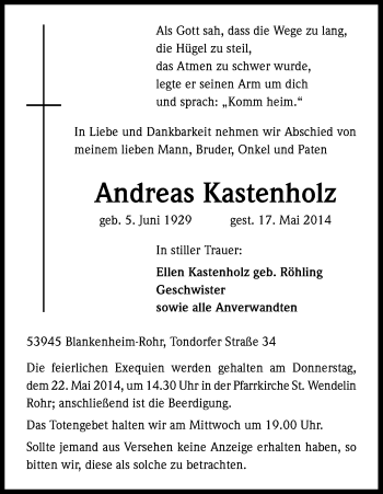 Anzeige von Andreas Kastenholz von Kölner Stadt-Anzeiger / Kölnische Rundschau / Express
