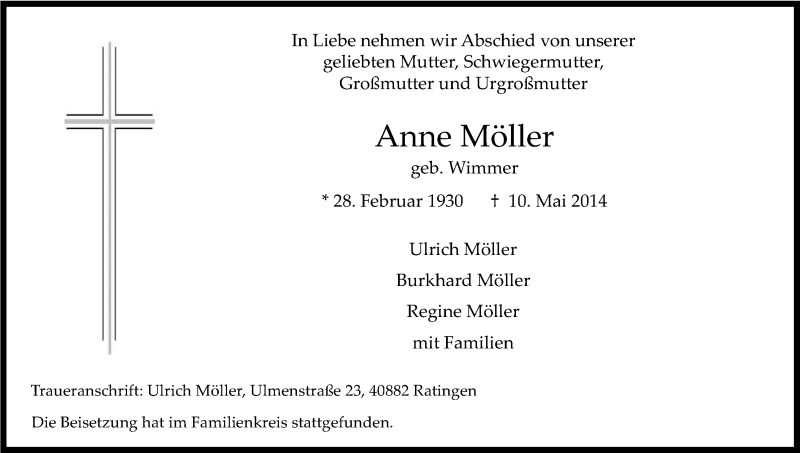  Traueranzeige für Anne Möller vom 24.05.2014 aus Kölner Stadt-Anzeiger / Kölnische Rundschau / Express