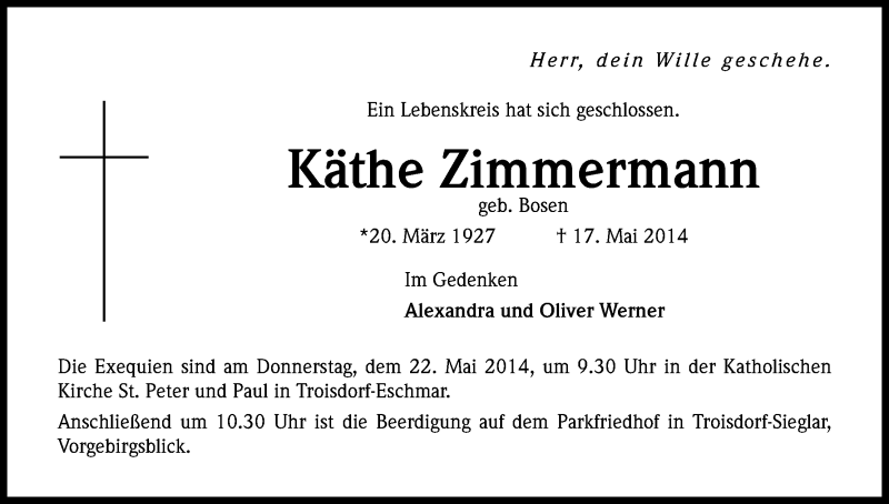  Traueranzeige für Käthe Zimmermann vom 20.05.2014 aus Kölner Stadt-Anzeiger / Kölnische Rundschau / Express