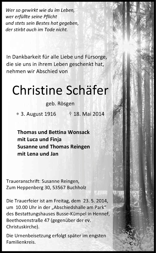  Traueranzeige für Christine Schäfer vom 20.05.2014 aus Kölner Stadt-Anzeiger / Kölnische Rundschau / Express
