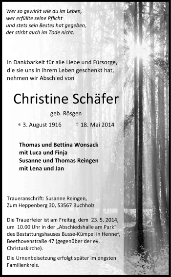 Anzeige von Christine Schäfer von Kölner Stadt-Anzeiger / Kölnische Rundschau / Express