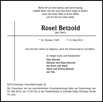 Anzeige von Rose Betzold von Kölner Stadt-Anzeiger / Kölnische Rundschau / Express