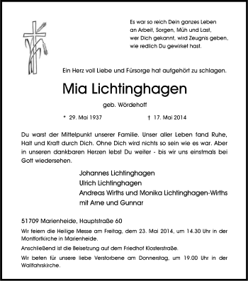 Anzeige von Mia Lichtinghagen von Kölner Stadt-Anzeiger / Kölnische Rundschau / Express