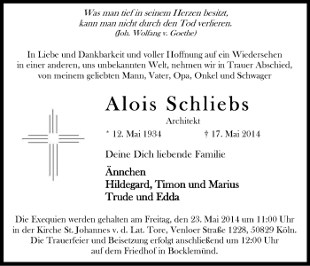 Anzeige von Alois Schliebs von Kölner Stadt-Anzeiger / Kölnische Rundschau / Express