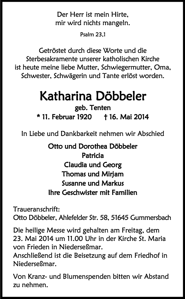  Traueranzeige für Katharina Döbbeler vom 20.05.2014 aus Kölner Stadt-Anzeiger / Kölnische Rundschau / Express