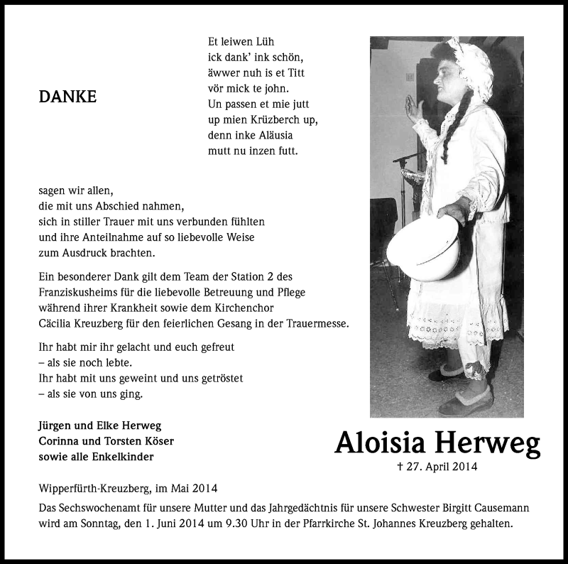  Traueranzeige für Aloisia Herweg vom 24.05.2014 aus Kölner Stadt-Anzeiger / Kölnische Rundschau / Express