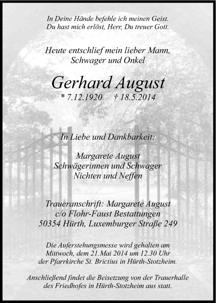  Traueranzeige für Gerhard August vom 20.05.2014 aus Kölner Stadt-Anzeiger / Kölnische Rundschau / Express