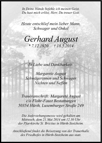 Anzeige von Gerhard August von Kölner Stadt-Anzeiger / Kölnische Rundschau / Express
