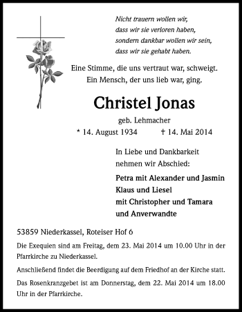 Anzeige von Christel Jonas von Kölner Stadt-Anzeiger / Kölnische Rundschau / Express