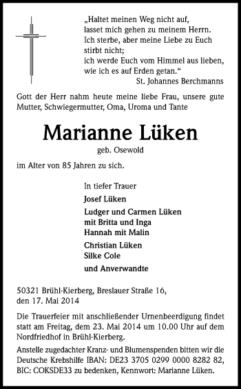 Anzeige von Marianne Lüken von Kölner Stadt-Anzeiger / Kölnische Rundschau / Express