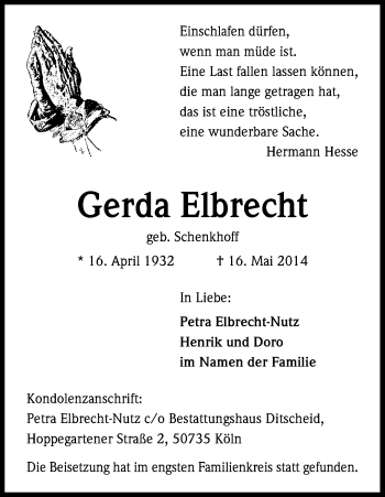 Anzeige von Gerda Elbrecht von Kölner Stadt-Anzeiger / Kölnische Rundschau / Express