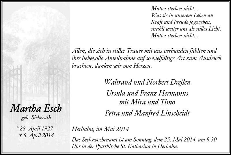  Traueranzeige für Martha Esch vom 21.05.2014 aus Kölner Stadt-Anzeiger / Kölnische Rundschau / Express