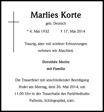 Anzeige von Marlies Korte von Kölner Stadt-Anzeiger / Kölnische Rundschau / Express