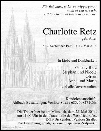 Anzeige von Charlotte Retz von Kölner Stadt-Anzeiger / Kölnische Rundschau / Express