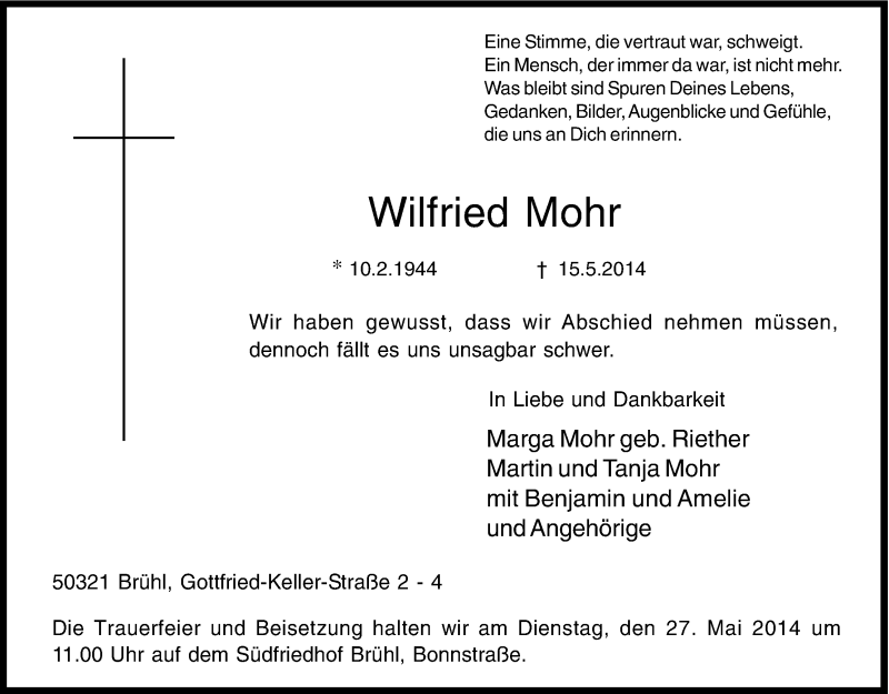  Traueranzeige für Wilfried Mohr vom 21.05.2014 aus Kölner Stadt-Anzeiger / Kölnische Rundschau / Express