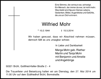 Anzeige von Wilfried Mohr von Kölner Stadt-Anzeiger / Kölnische Rundschau / Express