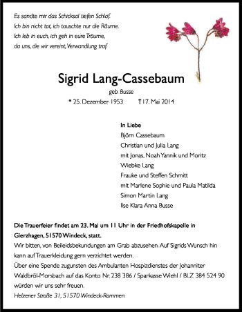 Anzeige von Sigrid Lang-Cassebaum von Kölner Stadt-Anzeiger / Kölnische Rundschau / Express