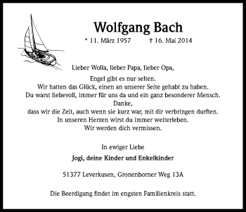Anzeige von Wolfgang Bach von Kölner Stadt-Anzeiger / Kölnische Rundschau / Express