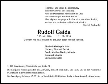 Anzeige von Rudolf Gaida von Kölner Stadt-Anzeiger / Kölnische Rundschau / Express