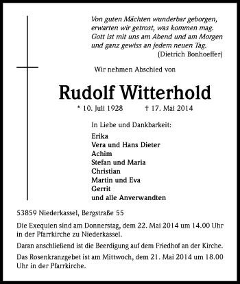 Anzeige von Rudolf Witterhold von Kölner Stadt-Anzeiger / Kölnische Rundschau / Express