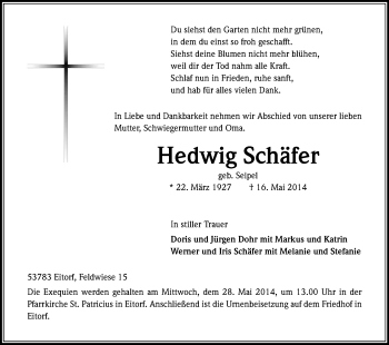 Anzeige von Hedwig Schäfer von Kölner Stadt-Anzeiger / Kölnische Rundschau / Express