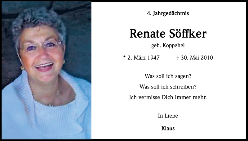  Traueranzeige für Renate Söffker vom 29.05.2014 aus Kölner Stadt-Anzeiger / Kölnische Rundschau / Express