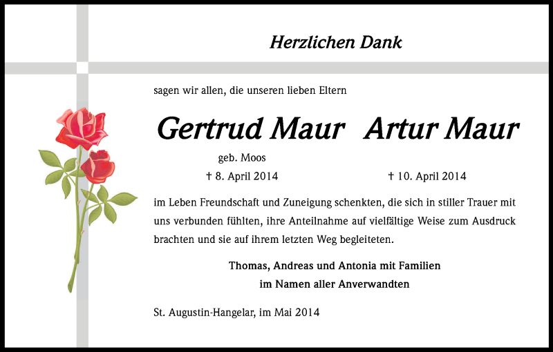  Traueranzeige für Gertrud & Artur Maur vom 21.05.2014 aus Kölner Stadt-Anzeiger / Kölnische Rundschau / Express