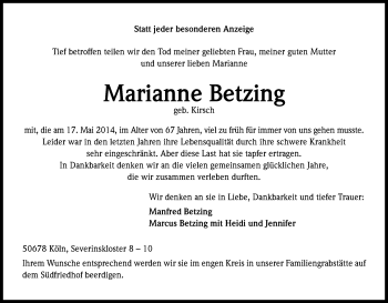Anzeige von Marianne Betzing von Kölner Stadt-Anzeiger / Kölnische Rundschau / Express